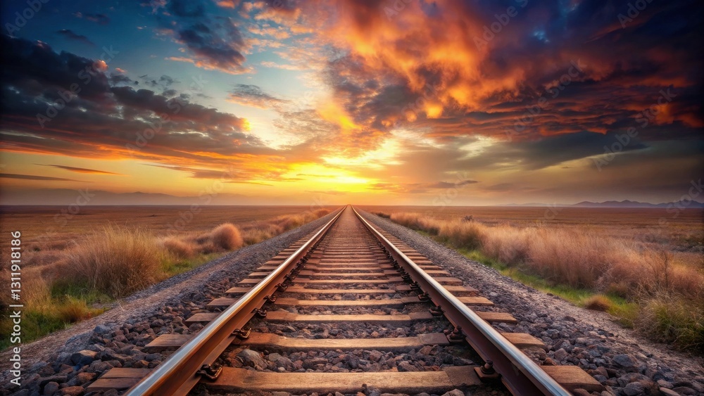 Obraz premium A lone railway track stretches towards a vibrant sunset, traversing a vast, tranquil plain under a dramatic sky