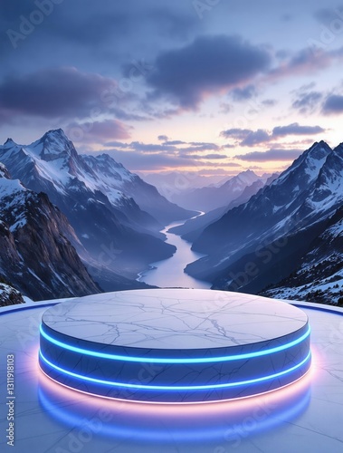 AI Generated Futuristic Glowing Platform with Neon Lights in a Breathtaking Mountain Landscape for Social Media Ads, Product Display, and Digital Marketing
