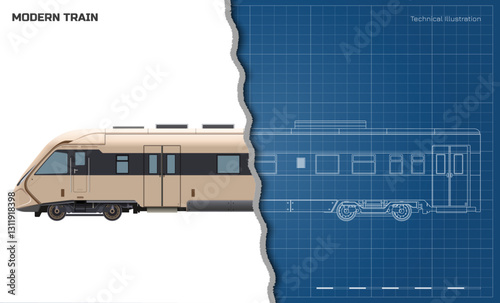 Passenger modern train. Side view of 3d locomotive model. Rail transport outline blueprint. Brown express isolated drawing