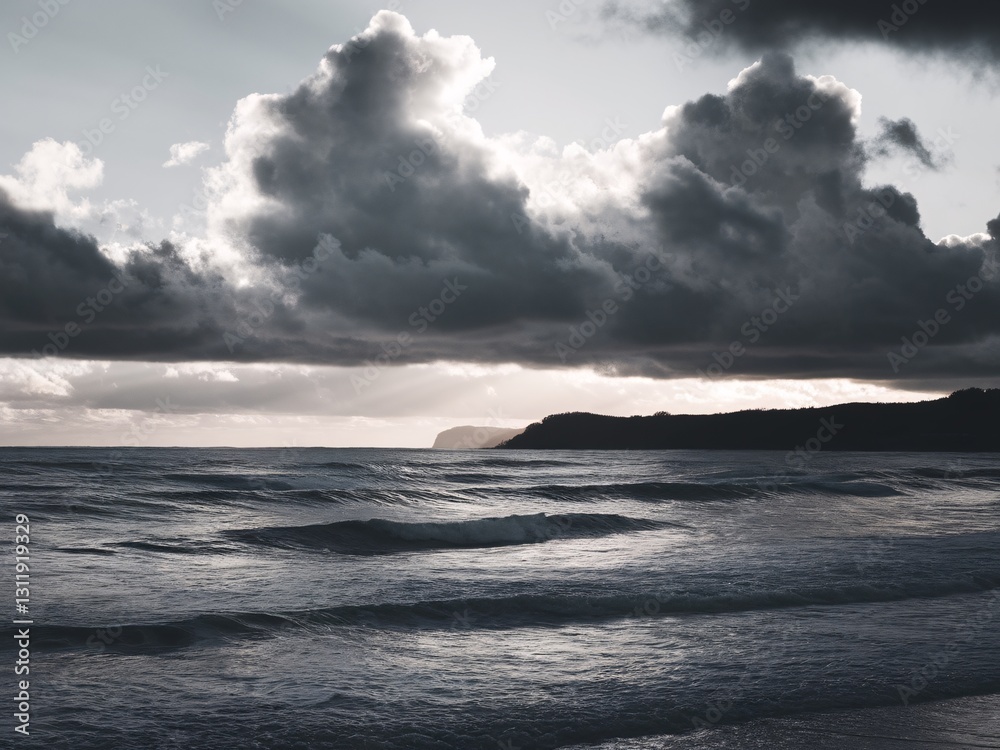 Fototapeta premium Moody ocean scene with dark clouds and gentle waves, creating a serene atmosphere.