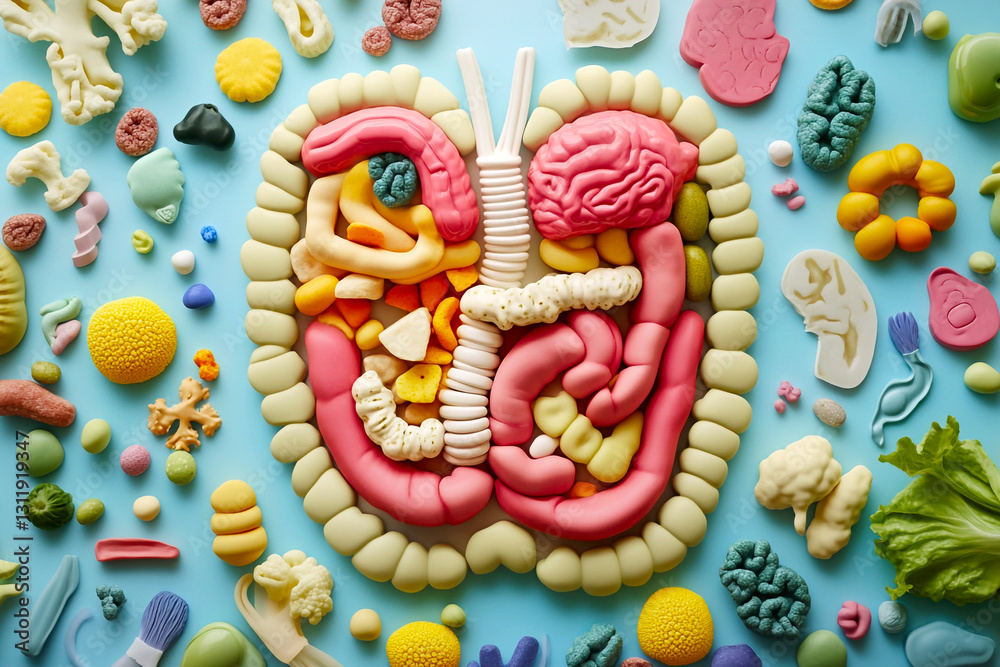 gut health and digestion, featuring nutritious foods that support the microbiome. The design highlights probiotics and wellness