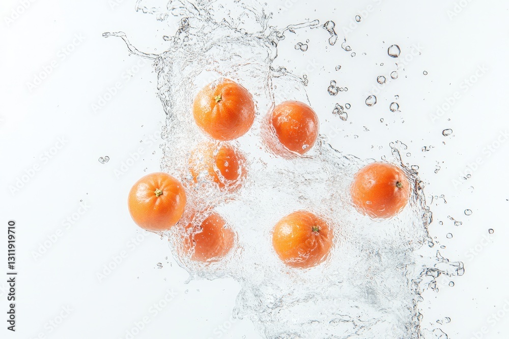 Fresh oranges splash into water, creating dynamic droplets against a bright background, showcasing vibrant colors and refreshing essence. Fresh oranges splash into water, creating dynamic droplets against a bright background, showcasing vibrant colors and refreshing essence.