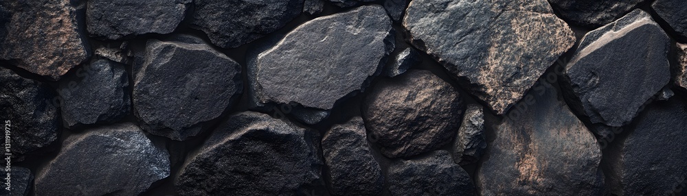 Close up shows a structured and dark cobblestone stone wall Close up shows a structured and dark cobblestone stone wall