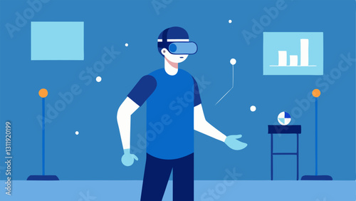 Virtual Reality Rehabilitation A patient using VR goggles in a rehabilitation corner engaging in immersive activities while sensors track movement and rehabilitation progress on a