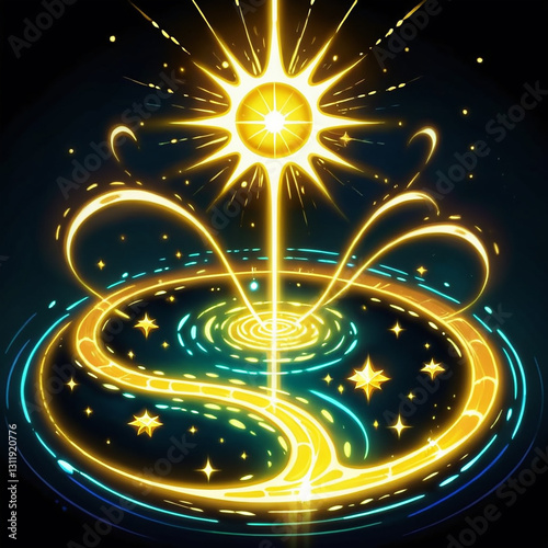 Cosmic Sun's Embrace: A radiant celestial sun shines above a swirling galaxy, cosmic energy flows.