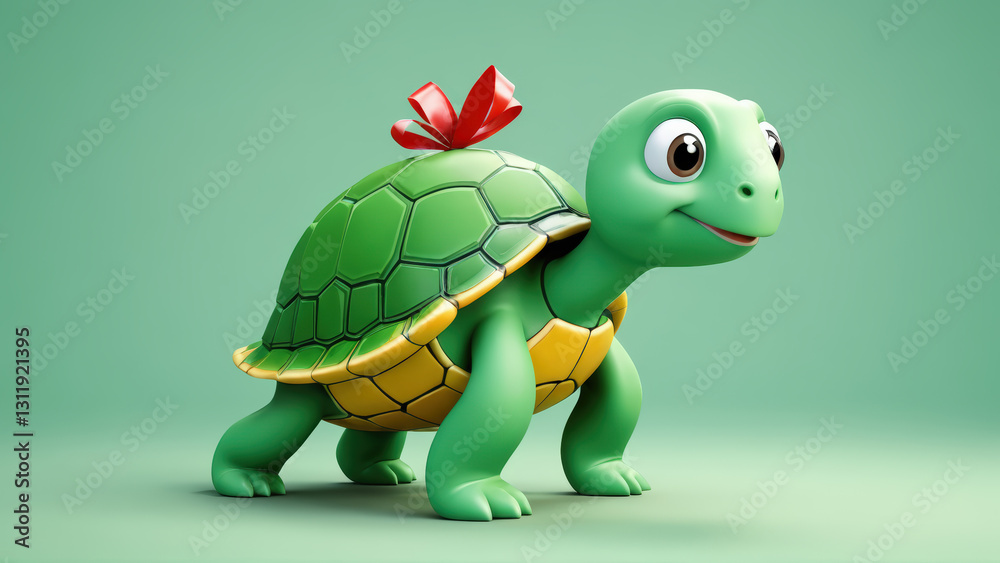 Fototapeta premium Little toy happy green turtle with red bow on green background. Copy space for text.