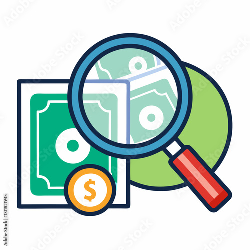 Magnifying glass over money analyzing financial details