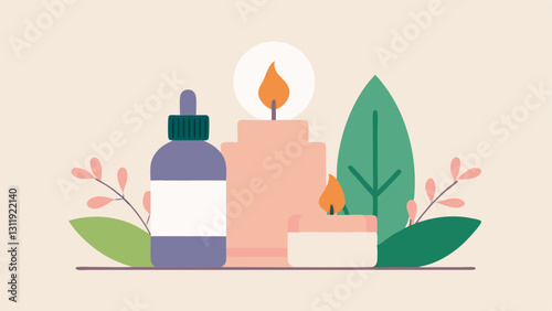 Spa Setting A serene workspace with a serum bottle a plant and candles emphasizing relaxation and a beauty routine.