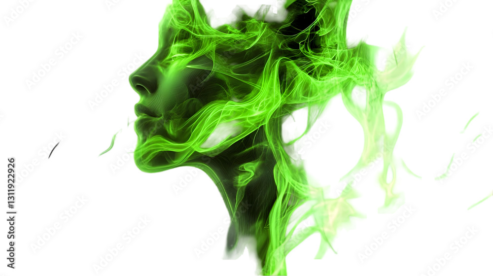 Fototapeta premium Abstract Green Smoke Woman Face Isolated on White Background
