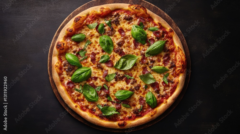 Overhead View of Pizza with Fresh Basil Garnish Overhead View of Pizza with Fresh Basil Garnish