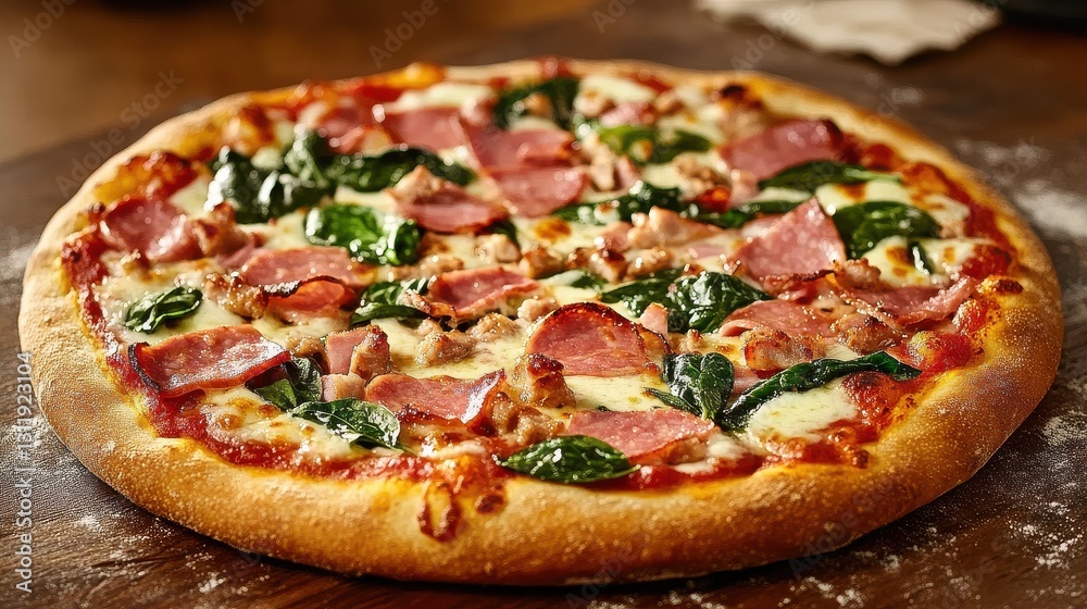 Homemade pizza with ham, spinach, and mozzarella Homemade pizza with ham, spinach, and mozzarella