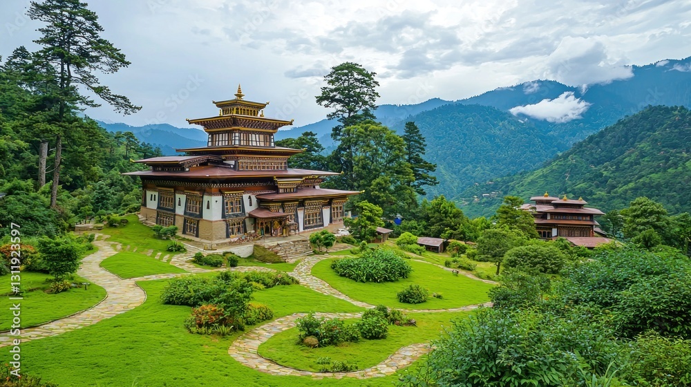Bhutanese Monastery Landscape Garden, Scenic Mountain View Bhutanese Monastery Landscape Garden, Scenic Mountain View