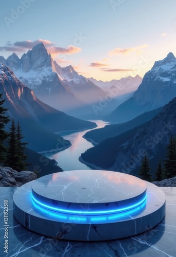 AI Generated Futuristic Glowing Platform with Neon Lights in a Breathtaking Mountain Landscape for Social Media Ads, Product Display, and Digital Marketing

