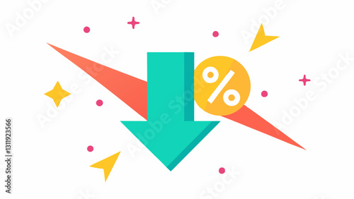Swooping Arrow with Color Burst A swooping arrow gracefully pointing to a discount sign with colorful bursts of light that flicker excitedly around the text.