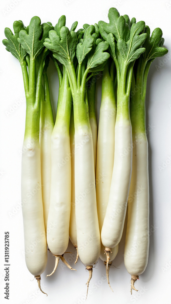 Vibrant Fresh Daikon Radishes on White Background for Culinary Blogs and Healthy Eating Menus Vibrant Fresh Daikon Radishes on White Background for Culinary Blogs and Healthy Eating Menus