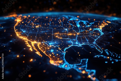 Discover a stunning view of a futuristic digital map of North America from space, featuring advanced technology and detailed graphics.