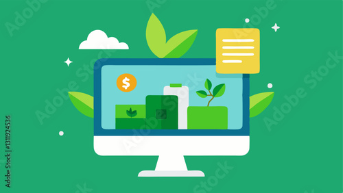 Virtual Green Deal Promotions A digital screen displaying a sale announcement with greenthemed graphics showcasing various ecofriendly products and highlighting their environmental