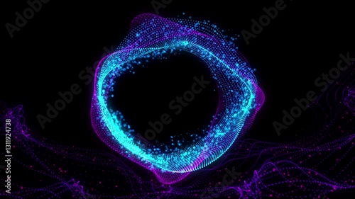 Circle vibrant hues of blue create a dynamic scene, where circle of light bloom and splash in smooth and continuous motion. Abstract random flow animation of colorful particles through neon portal.