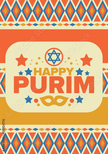 Purim. Happy Purim. Traditional Jewish religious holiday. Star of David, Carnival mask. Israel history. Сelebrated by a masquerade and festival. Poster art. Vector illustration