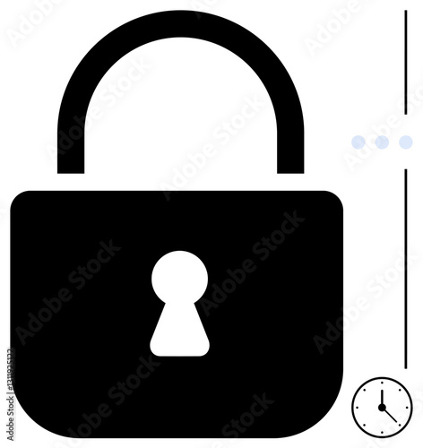 Padlock with keyhole alongside a clock and minimal dots symbolizing time-restricted access and security measures. Ideal for safety, privacy, digital protection, time management, deadlines, restricted