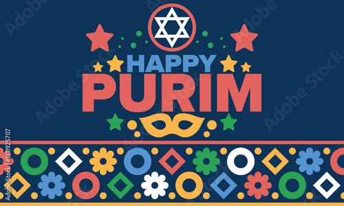 Purim. Happy Purim. Traditional Jewish religious holiday. Star of David, Carnival mask. Israel history. Сelebrated by a masquerade and festival. Poster art. Vector illustration