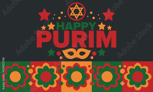 Purim. Happy Purim. Traditional Jewish religious holiday. Star of David, Carnival mask. Israel history. Сelebrated by a masquerade and festival. Poster art. Vector illustration