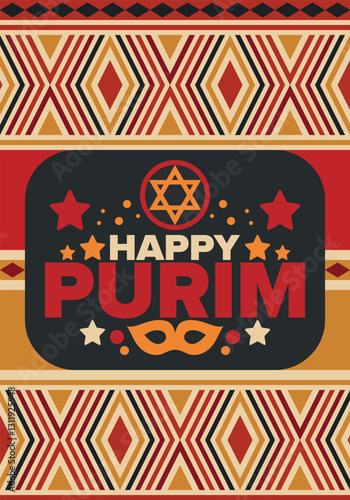 Purim. Happy Purim. Traditional Jewish religious holiday. Star of David, Carnival mask. Israel history. Сelebrated by a masquerade and festival. Poster art. Vector illustration