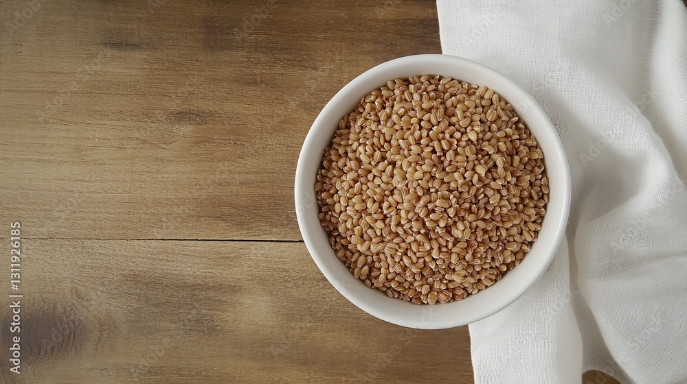Bowl of Long-Grain Brown Rice on Wooden Table, Top View Flat Lay, Close-Up, White Napkin, Copy Space, High-Resolution, Detailed, Isolated Background Bowl of Long-Grain Brown Rice on Wooden Table, Top View Flat Lay, Close-Up, White Napkin, Copy Space, High-Resolution, Detailed, Isolated Background