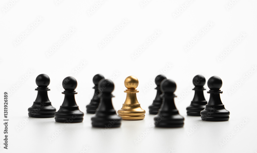 Golden Chess pawn standing to Be around of other chess, Concept of a leader must have courage and challenge in the competition, leadership and business vision for a win in business games Golden Chess pawn standing to Be around of other chess, Concept of a leader must have courage and challenge in the competition, leadership and business vision for a win in business games