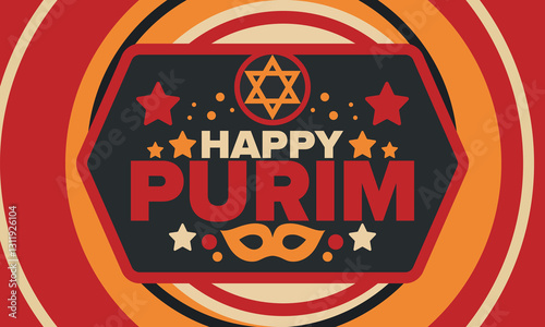Purim. Happy Purim. Traditional Jewish religious holiday. Star of David, Carnival mask. Israel history. Сelebrated by a masquerade and festival. Poster art. Vector illustration