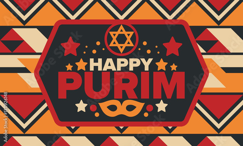 Purim. Happy Purim. Traditional Jewish religious holiday. Star of David, Carnival mask. Israel history. Сelebrated by a masquerade and festival. Poster art. Vector illustration