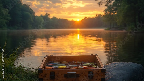 A tackle box with an assortment of fishing lures and gear placed on a lakeshore under a warm sunset