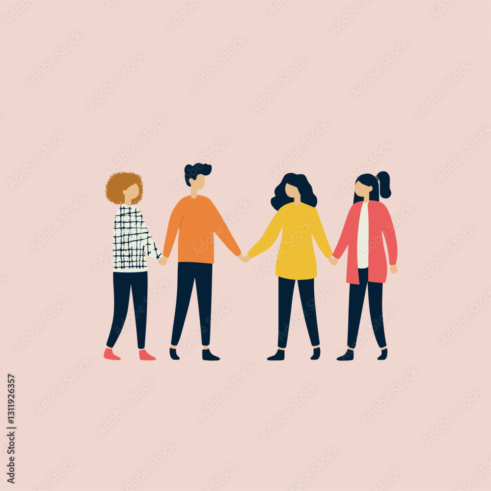 Naklejka premium People holding hands, light pink background, simple, flat vector art style