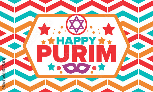 Purim. Happy Purim. Traditional Jewish religious holiday. Star of David, Carnival mask. Israel history. Сelebrated by a masquerade and festival. Poster art. Vector illustration