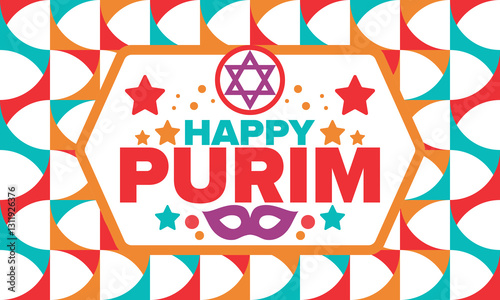 Purim. Happy Purim. Traditional Jewish religious holiday. Star of David, Carnival mask. Israel history. Сelebrated by a masquerade and festival. Poster art. Vector illustration