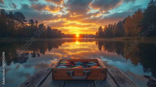 Fishing tackle box with vibrant lures and tools sitting on a wooden pier by a serene lake at sunset