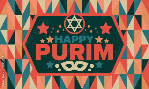 Purim. Happy Purim. Traditional Jewish religious holiday. Star of David, Carnival mask. Israel history. Сelebrated by a masquerade and festival. Poster art. Vector illustration