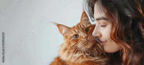 teen girl kiss a brown cat on white background banner with copy space