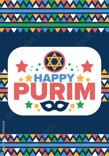 Purim. Happy Purim. Traditional Jewish religious holiday. Star of David, Carnival mask. Israel history. Сelebrated by a masquerade and festival. Poster art. Vector illustration