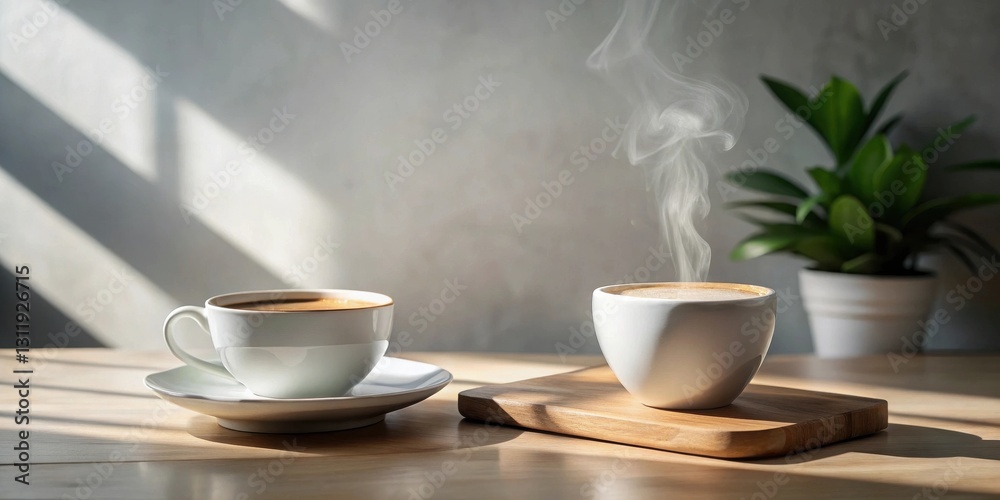 Serene Morning Coffee Break Two Cups of Aromatic Brew Enjoyed in Sunlight Serene Morning Coffee Break Two Cups of Aromatic Brew Enjoyed in Sunlight