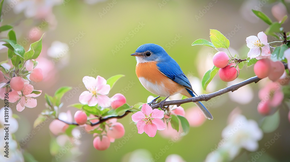 A beautiful colorful sparrow sitting on stem of a beautiful tree with flowers. A beautiful colorful sparrow sitting on stem of a beautiful tree with flowers.