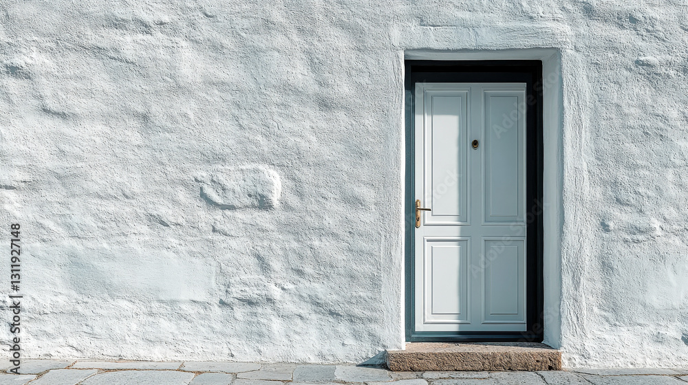 The white door stands against the textured stone wall, highlighting simplicity and inviting curiosity in a peaceful atmosphere