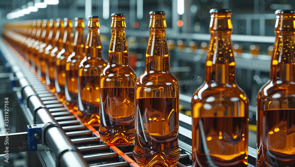 Rows of amber glass bottles filled with beverage move along a conveyor belt in a manufacturing facility. Rows of amber glass bottles filled with beverage move along a conveyor belt in a manufacturing facility.