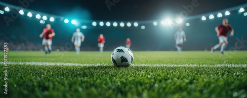 An action-packed soccer match under bright stadium lights with players in motion.