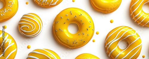 Delicious yellow donuts with white icing and sprinkles arranged on a white background.