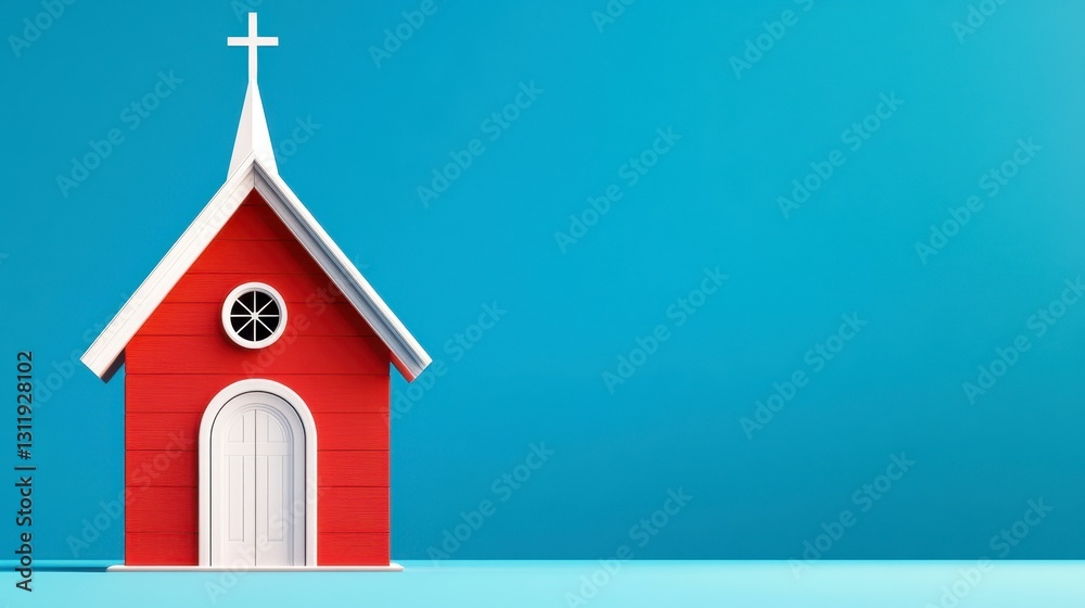 Small Red Church Model with White Door and Cross on Blue Background Small Red Church Model with White Door and Cross on Blue Background