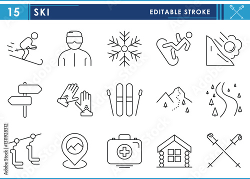 A set of line icons related to Ski. Skiing, slide, path, avalanche, kits, gloves, first aid, and so on. Vector editable stroke.