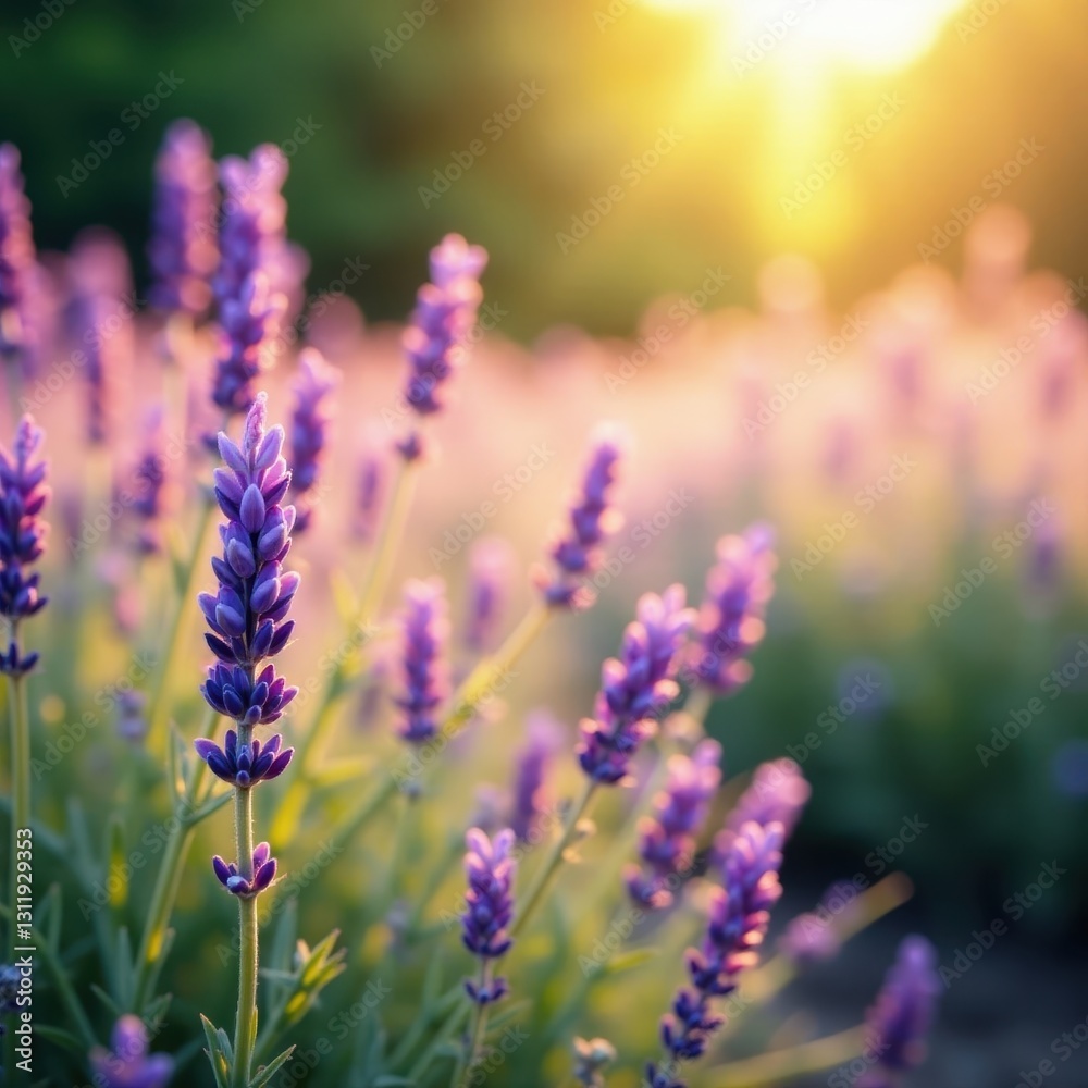 Blurred view of swaying lavender and grasses bathed in sunlight , outdoors, meadow Blurred view of swaying lavender and grasses bathed in sunlight , outdoors, meadow