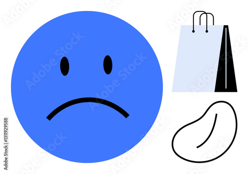 Sad blue circle face beside a shopping bag and bean sketch conveys emotions of consumerism, waste, sustainability challenges, ethical awareness, environmental impact, minimalism, and responsibility