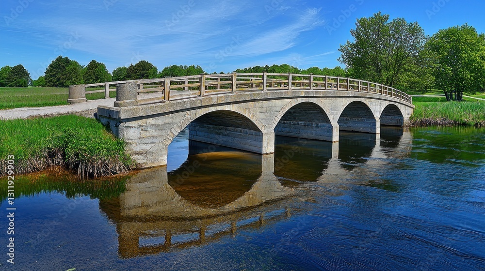 Fototapeta premium Springtime arched bridge over tranquil river, golf course in background